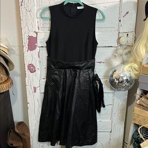 New York & Company Black Belted Midi Dress Faux Leather Bottom Sz Small